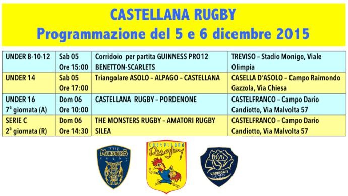 Impegni ovali di sabato 5 e domenica 6 dicembre con la Castellana Rugby
