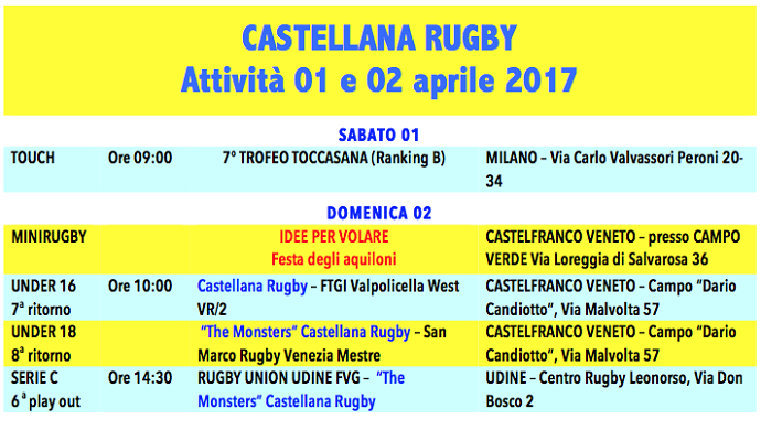 Rugby: programma 1 e 2 aprile