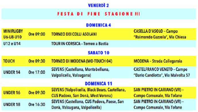 Rugby: programma 2-11 giugno