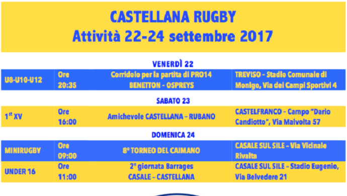 Rugby: programma 22-24 settembre