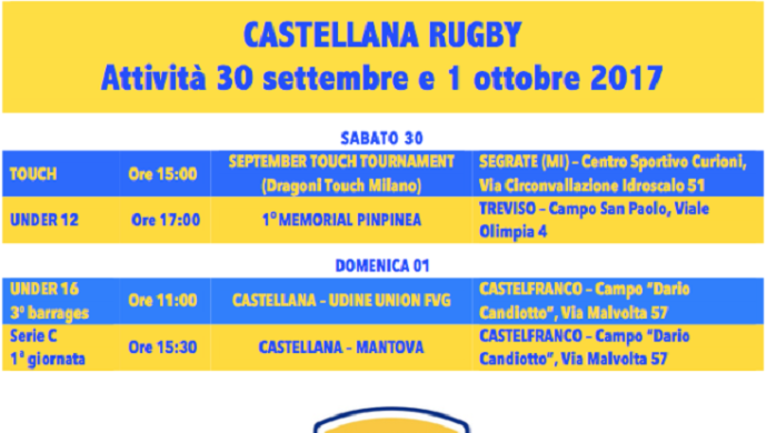 Rugby: programma 30 settembre e 1 ottobre